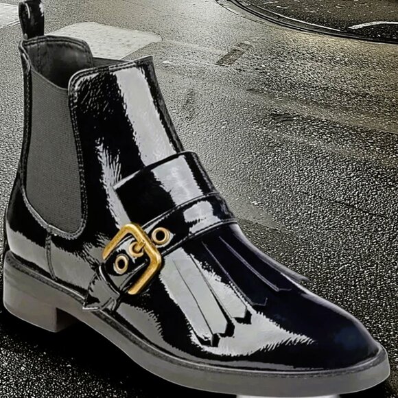 Marc Fisher Brigita Chelsea Kiltie Black Patent Buckle Pull On Boot, Size 7 - Picture 1 of 9